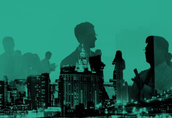 Abstract business people and city buildings